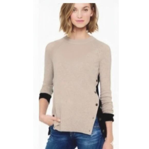 J. Crew Women XL Cream/ Black Lightweight Elbow Patch Button Detail Sweater - Picture 1 of 6